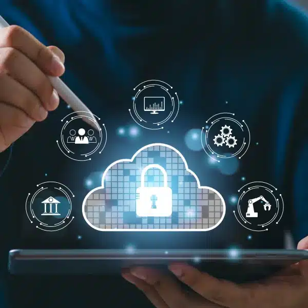 Illustration représentant l'informatique en nuage avec des éléments de cybersécurité intégrés.